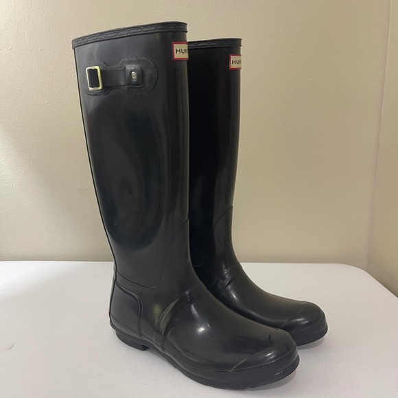 Hunter Original Gloss Tall Rain Boots Black Womens 10 Pull On Waterproof Buckle - Picture 1 of 10